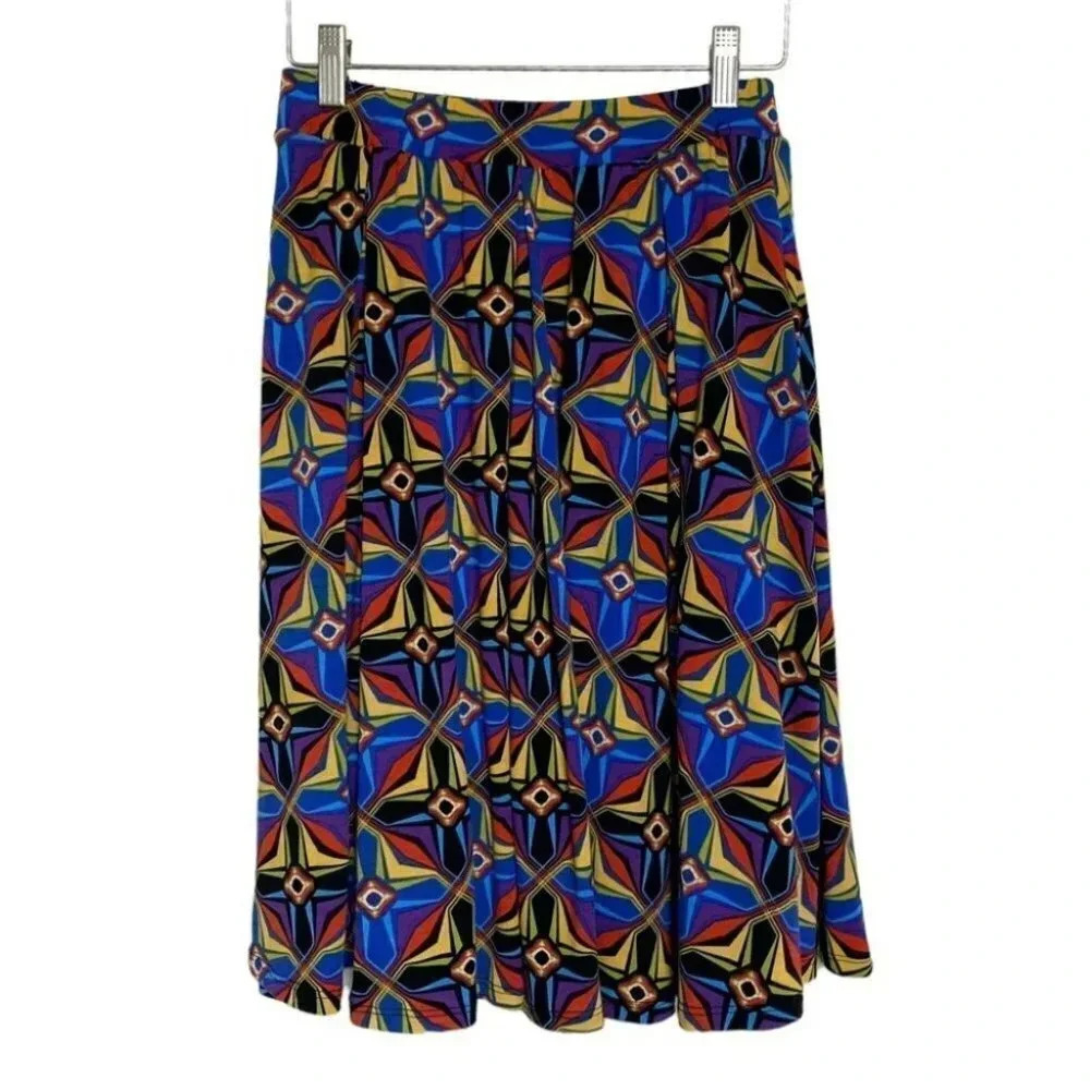LuLaRoe Madison Skirt XS Multicolor Geometric Pleated Pockets Knee Length